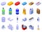 Soap production icons set isometric vector. Chemical industry