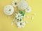 Soap, salt, oil, cosmetic cream  chrysanthemum  extract organic flower hygiene yellow background