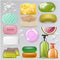Soap vector hygiene soft-soap and bath soaper with soap-bubble illustration spa beauty set of bathroom skin care