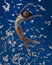 Soar like a bird. One young female ballet dancer flying isolated over blue background with white feathers.