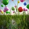 soaring balloons in a field of grass 3d illustrate