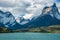 Soaring Cuernos del Paine across turquoise Grey Lake, Chile