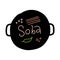 Soba, buckwheat noodles logo. Traditional japanese dish sticker with linear lettering. Pan with noodles, eggs and vegetables.