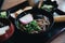 Soba noodles with soup on wooden tray