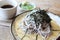 Soba noodles on wooden table , Japanese food