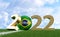 Soccer 2022 - Soccer ball in Brazil flag design on a soccer field. Soccer ball representing the 0 in 2022.