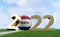 Soccer 2022 - Soccer ball in Netherlands flag design on a soccer field. Soccer ball representing the 0 in 2022.