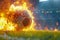 Soccer ball ablaze on field under stadium lights, leaving fiery trail in its wake