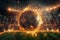 Soccer ball ablaze with fiery flames soaring above vibrant stadium