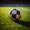 A soccer ball against a picturesque soccer field background