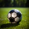 A soccer ball against a picturesque soccer field background