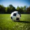 A soccer ball against a picturesque soccer field background