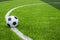 Soccer ball on artificial bright and dark green grass at public