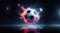 Soccer ball as a planet in space with pink smoke and explosions, dark background, sports, graphic arts, for banner, poster, flyer