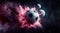 Soccer ball as a planet in space with pink smoke and explosions, dark background, sports, graphic arts, for banner, poster, flyer
