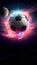 Soccer ball as a planet in space with pink smoke and explosions, dark background, sports, graphic arts, mobile phone, wallpaper,