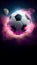 Soccer ball as a planet in space with pink smoke and explosions, dark background, sports, graphic arts, mobile phone, wallpaper,