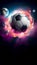 Soccer ball as a planet in space with pink smoke and explosions, dark background, sports, graphic arts, mobile phone, wallpaper,