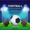 Soccer ball with blank shields, night football ground background