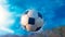 Soccer ball through the blue sky, leaving behind a streak of dust. Generative AI