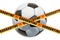 Soccer ball with caution barrier tape. Cancellation of soccer match, quarantine concept. 3D rendering