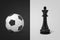 Soccer ball and chess king on a split background