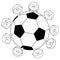 Soccer ball and children soccer team. Vector black and white coloring page