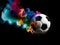 A soccer ball coming out with smoke isolated on colourful background. Live football game broadcasting concep