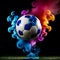 A soccer ball coming out with smoke isolated on colourful background. Live football game broadcasting concep