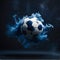 A soccer ball coming out of a stadium with blue smoke. Live football game broadcasting concept. World Football