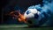 A soccer ball coming out of a stadium with blue smoke. Live football game broadcasting concept. World Football