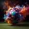 A soccer ball coming out of a stadium with colorful smoke. Live football game broadcasting concept. World Football