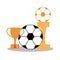 Soccer ball with a cup and a winner statuette. Football game attributes for postcard, logo or design. Flat illustration