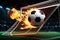 soccer ball engulfed in flames as it strikes the back of the net, neon streaks radiating from the impact