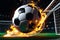 soccer ball engulfed in flames as it strikes the back of the net, neon streaks radiating from the impact