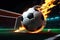 soccer ball engulfed in flames as it strikes the back of the net, neon streaks radiating from the impact