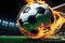 soccer ball engulfed in flames as it strikes the back of the net, neon streaks radiating from the impact