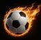 A soccer ball enveloped in a vibrant, fiery glow against a dark black backdrop