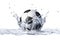 Soccer ball falling into clear water, forming a crown splash.