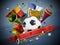 Soccer ball, flags, ribbon and trumpets. 3D illustration