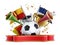 Soccer ball, flags, ribbon and trumpets. 3D illustration