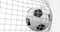 Soccer Ball flying into the Goal Net in Slow Motion. Beautiful Football 3d animation of the Goal Moment on white