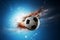 Soccer ball flying over fiery effect in dramatic sky. Generative AI