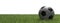 Soccer ball, football close up view, green grass field background. 3d illustration