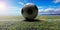 Soccer ball, football close up view, green grass field, blue sky background. 3d illustration