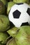 Soccer Ball Football Resting with Fresh Green Coconuts