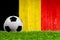 Soccer ball on grass with Belgium flag background