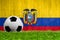 Soccer ball on grass with Ecuador flag background