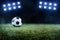 Soccer ball on a grass field backlit by spots