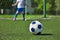 Soccer ball on grass and football boy at gate keeper